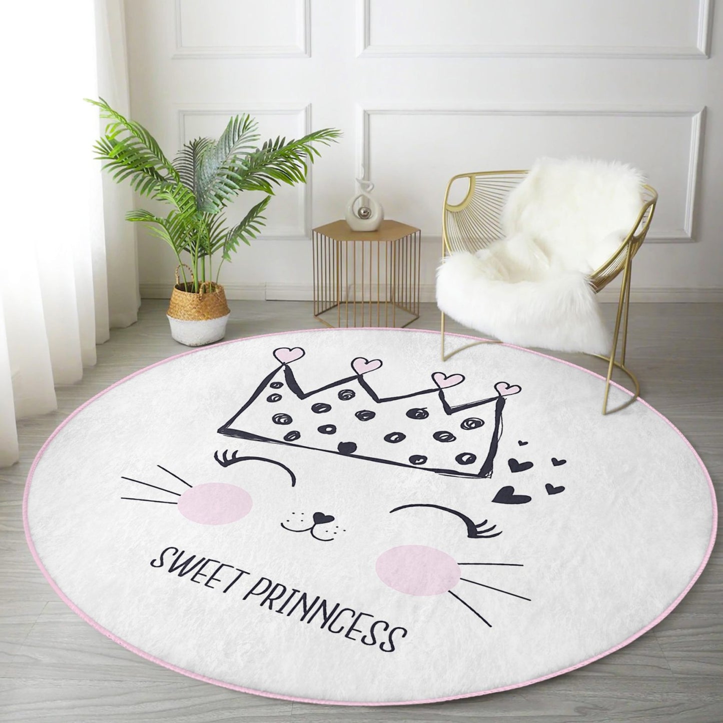 Sweet Princess Cat Pattern Girls Room Washable Round Rug - Main View