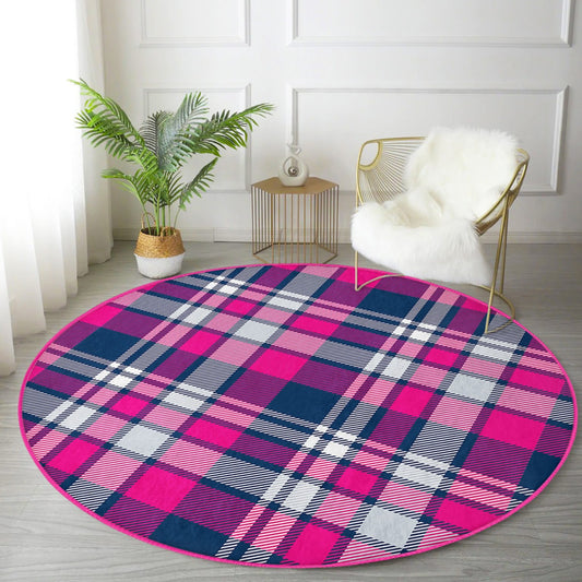 Pink-Purple Color Plaid Pattern Washable Round Rug - Main View
