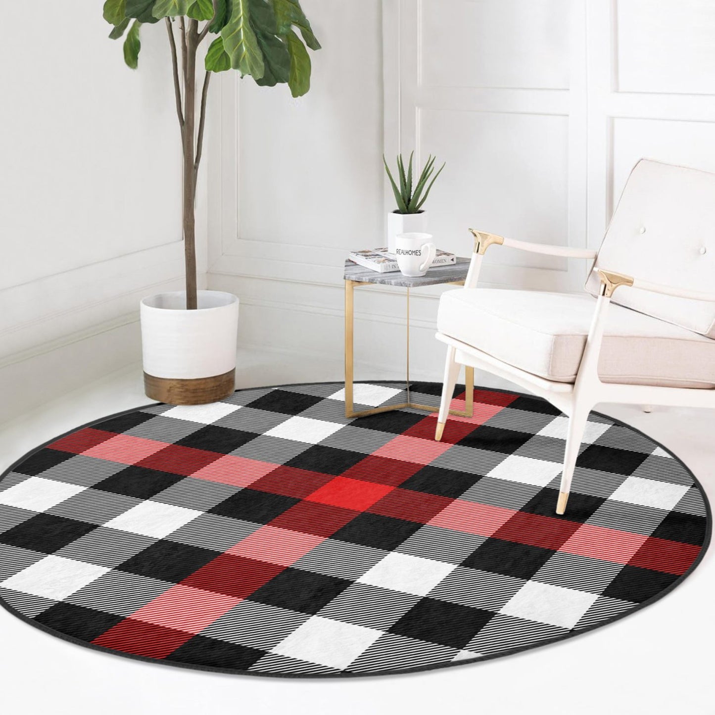 Red-Grey Plaid Home Decor Washable Round Rug - Main View