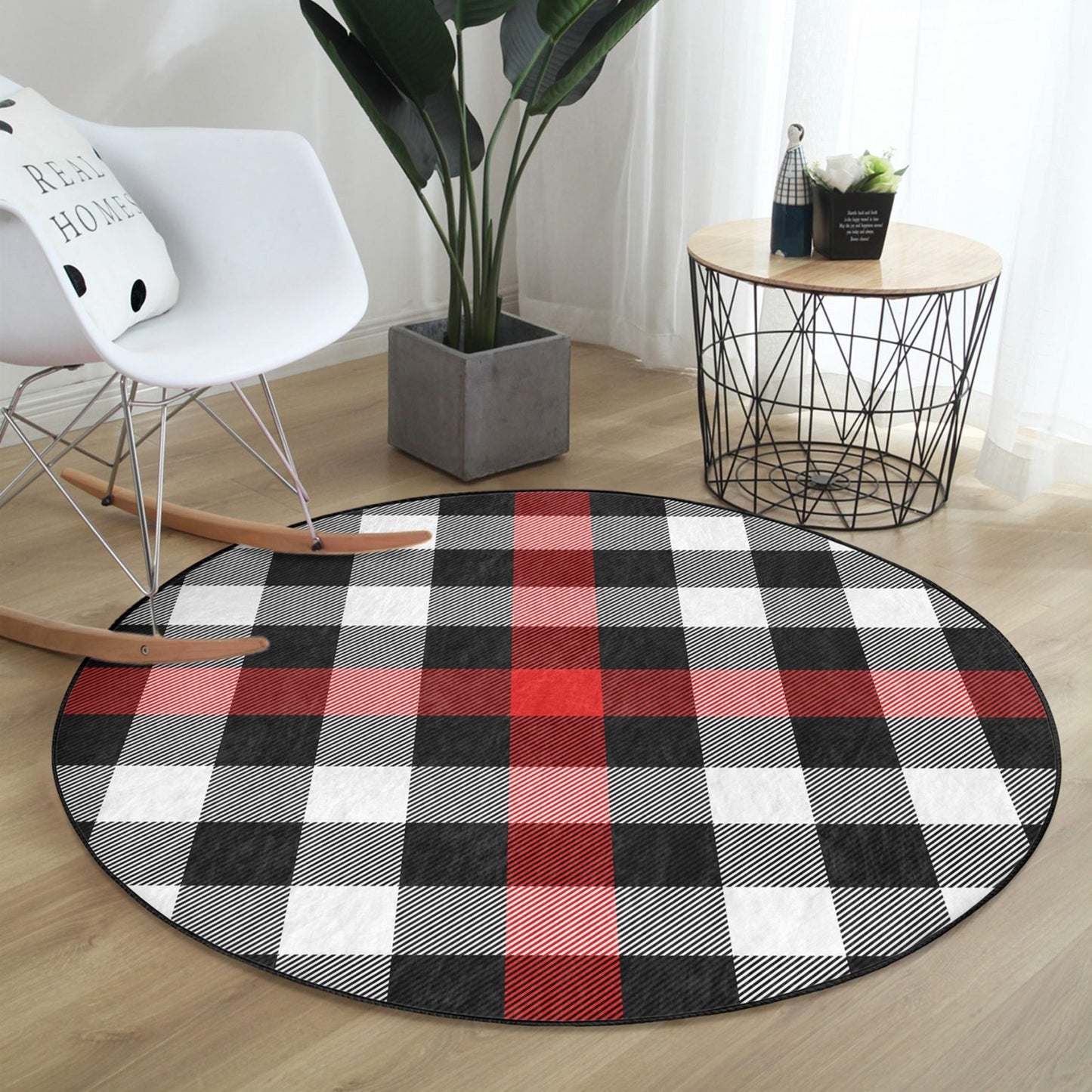 Washable Rug with Red-Grey Plaid Pattern - Easy Maintenance