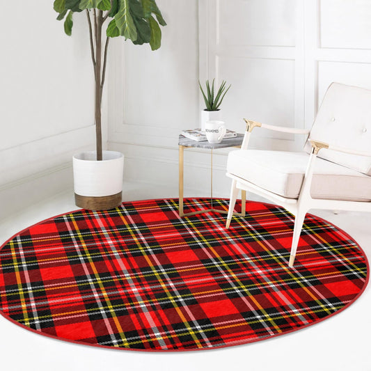 Red Plaid Pattern Bedroom Washable Round Rug - Main View