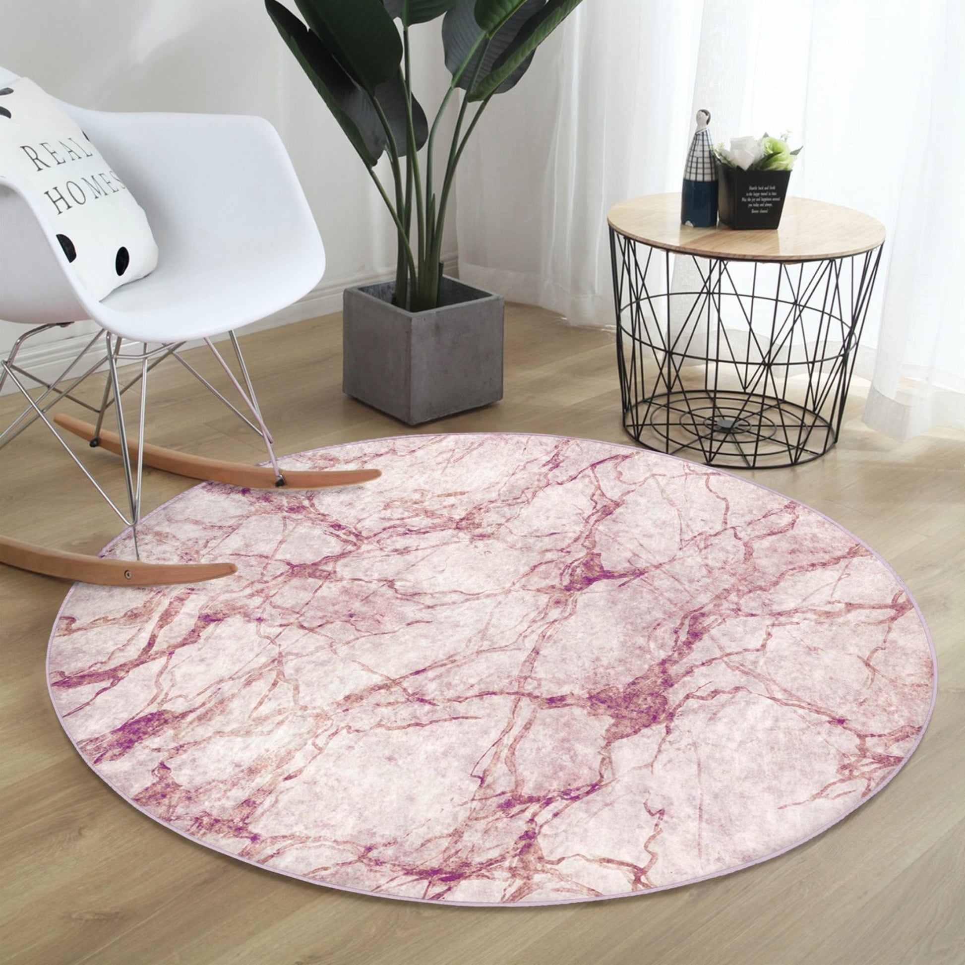 Washable Rug with Pink Marble Pattern - Easy Maintenance