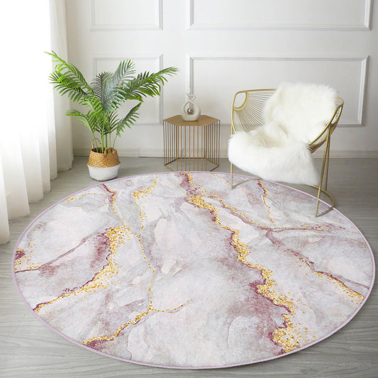 White Marble Design Living Room Decorative Washable Round Rug - Main View