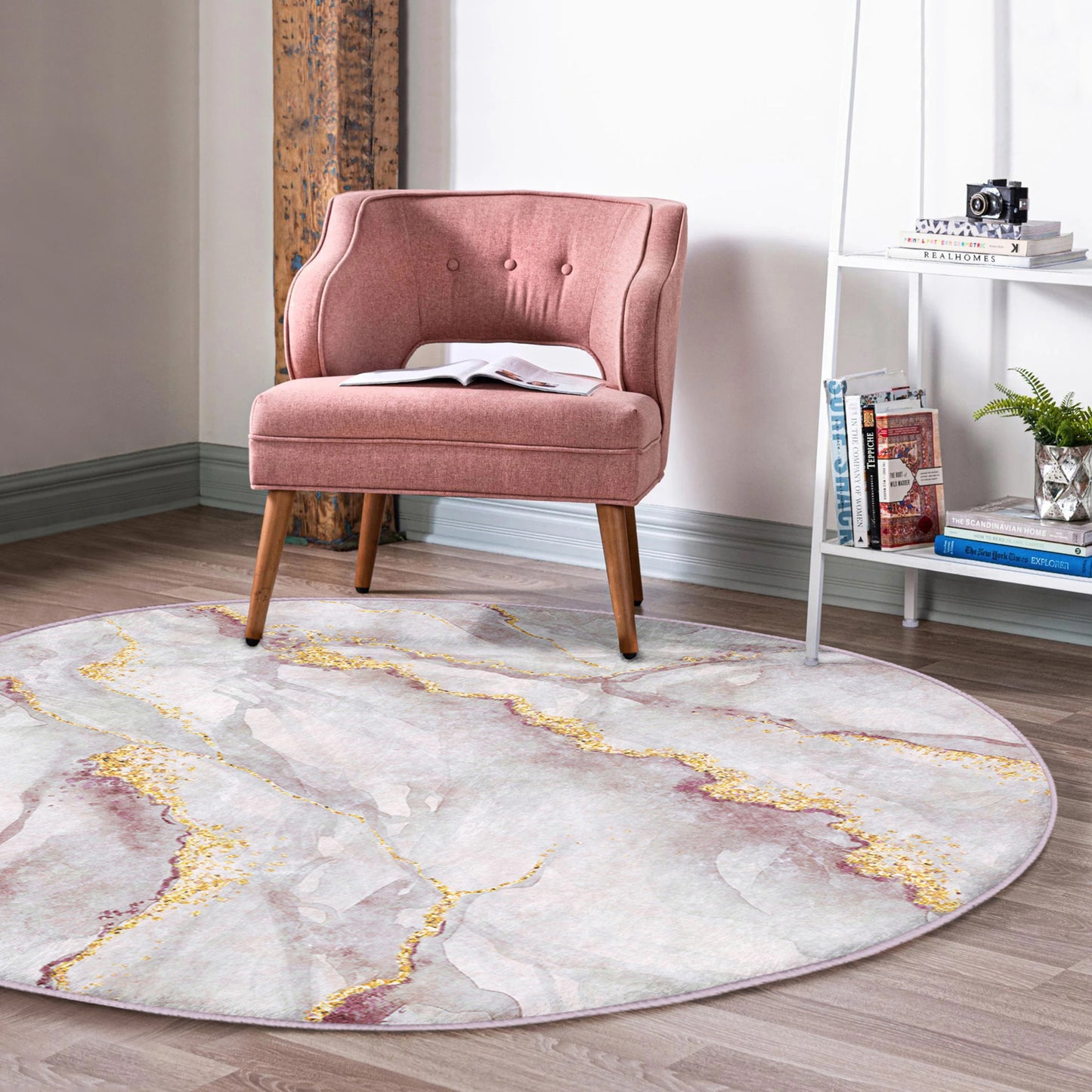 Washable Rug with White Marble Pattern - Easy Maintenance