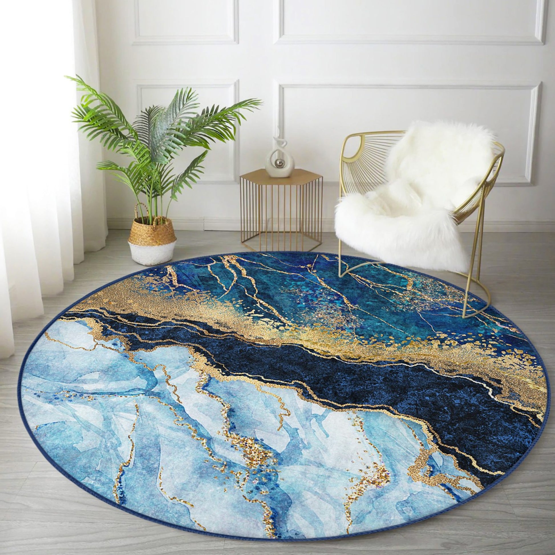 Blue Marble Pattern Luxury Home Decoration Washable Round Rug - Main View