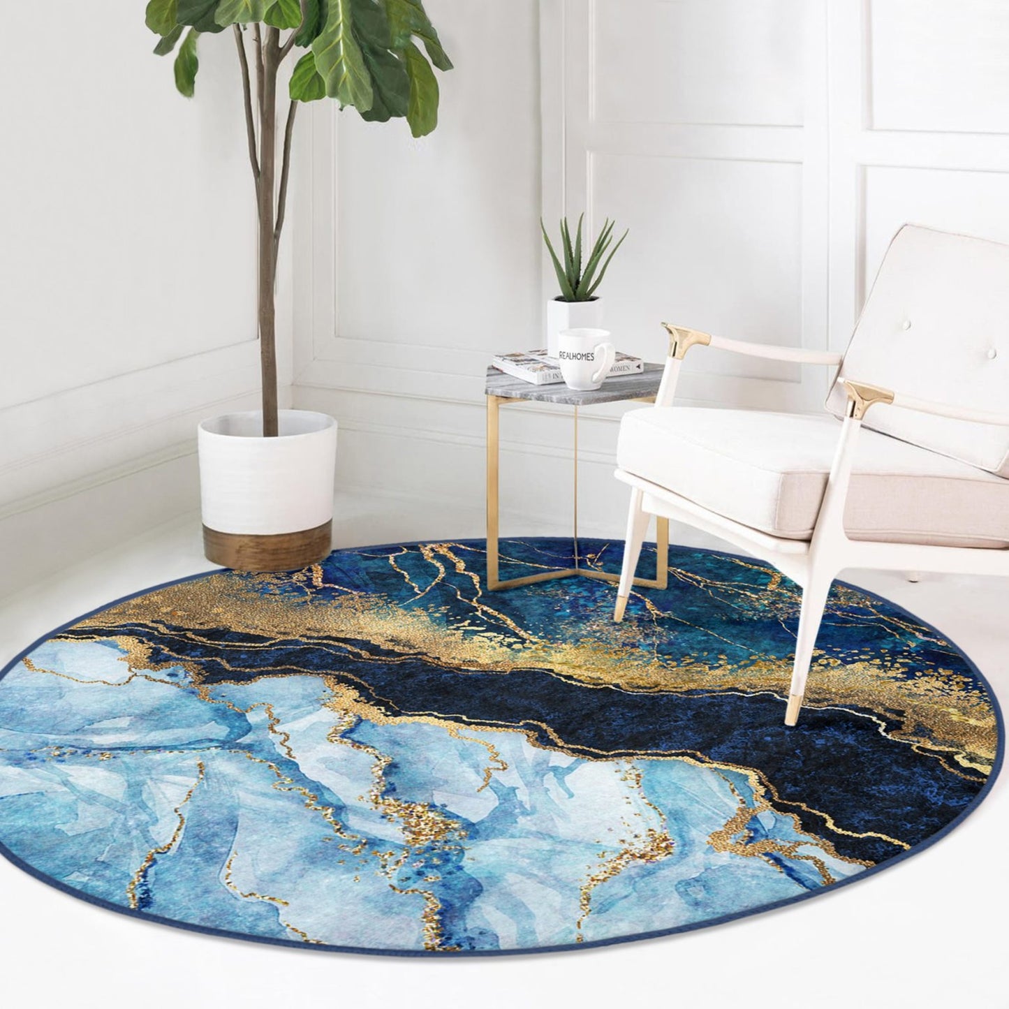 Washable Rug with Blue Marble Pattern - Easy Maintenance