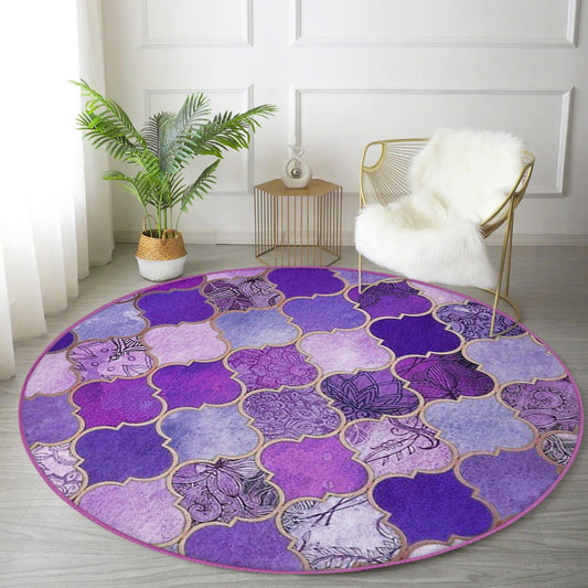 Purple Motifs Luxury Living Room Decoration Washable Round Rug - Main View