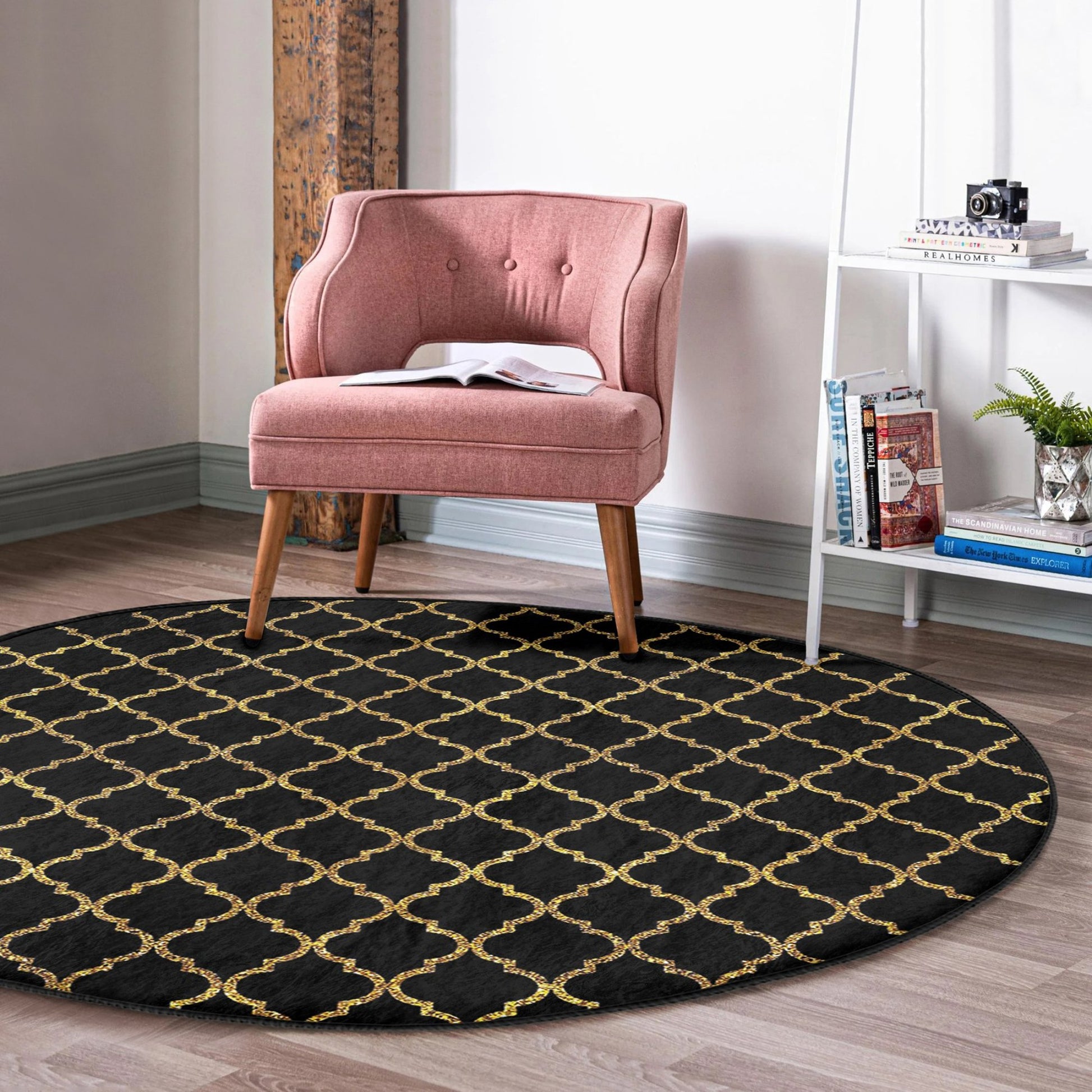 Washable Rug with Gold Pattern - Easy Maintenance