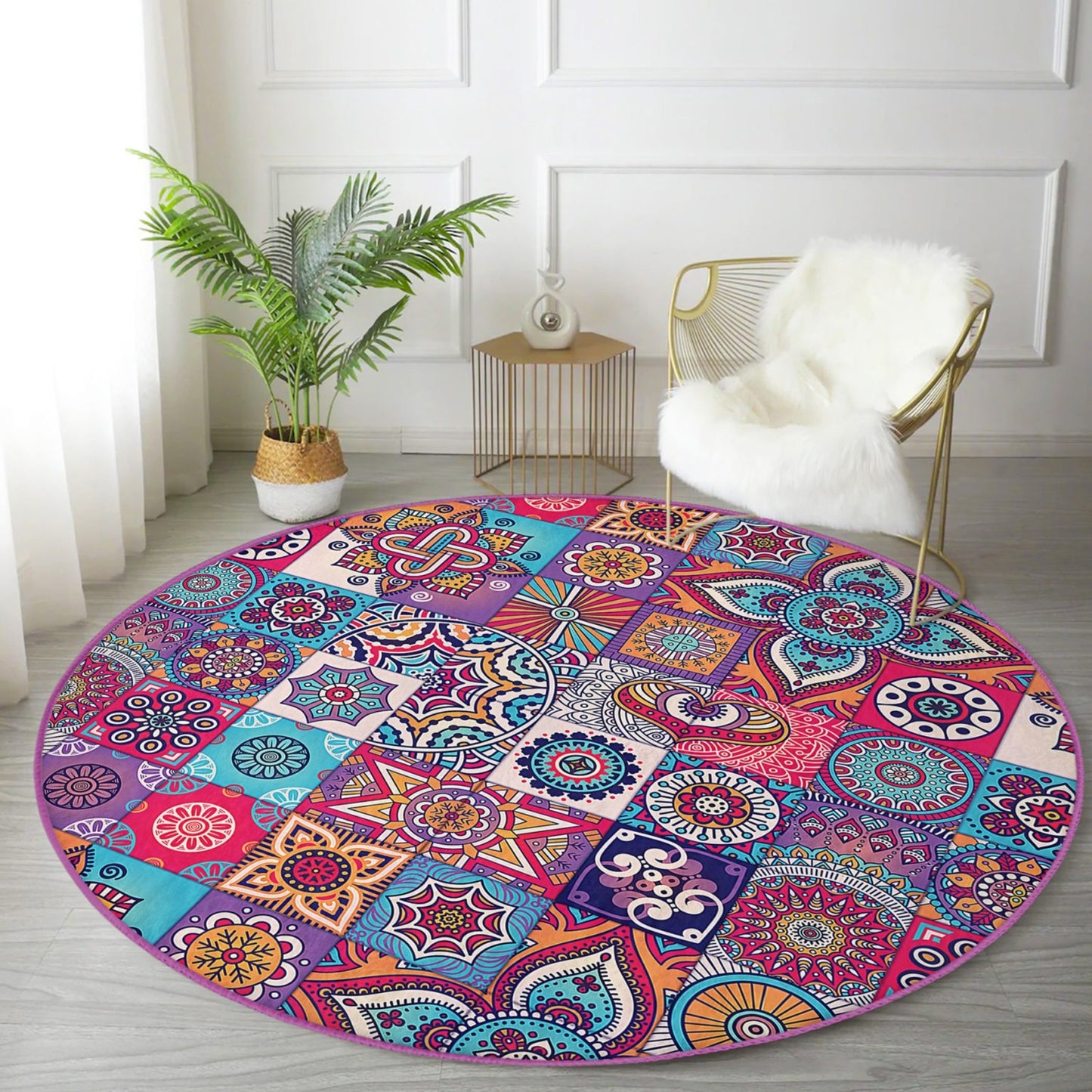 Bohemian Room Decor Indian Home Patterns Washable Round Rug - Main View