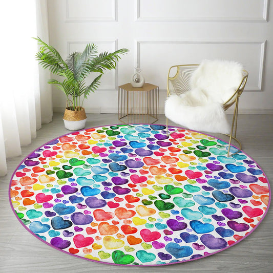 Rainbow Colour Heart Pattern Washable Round Rug - Main View