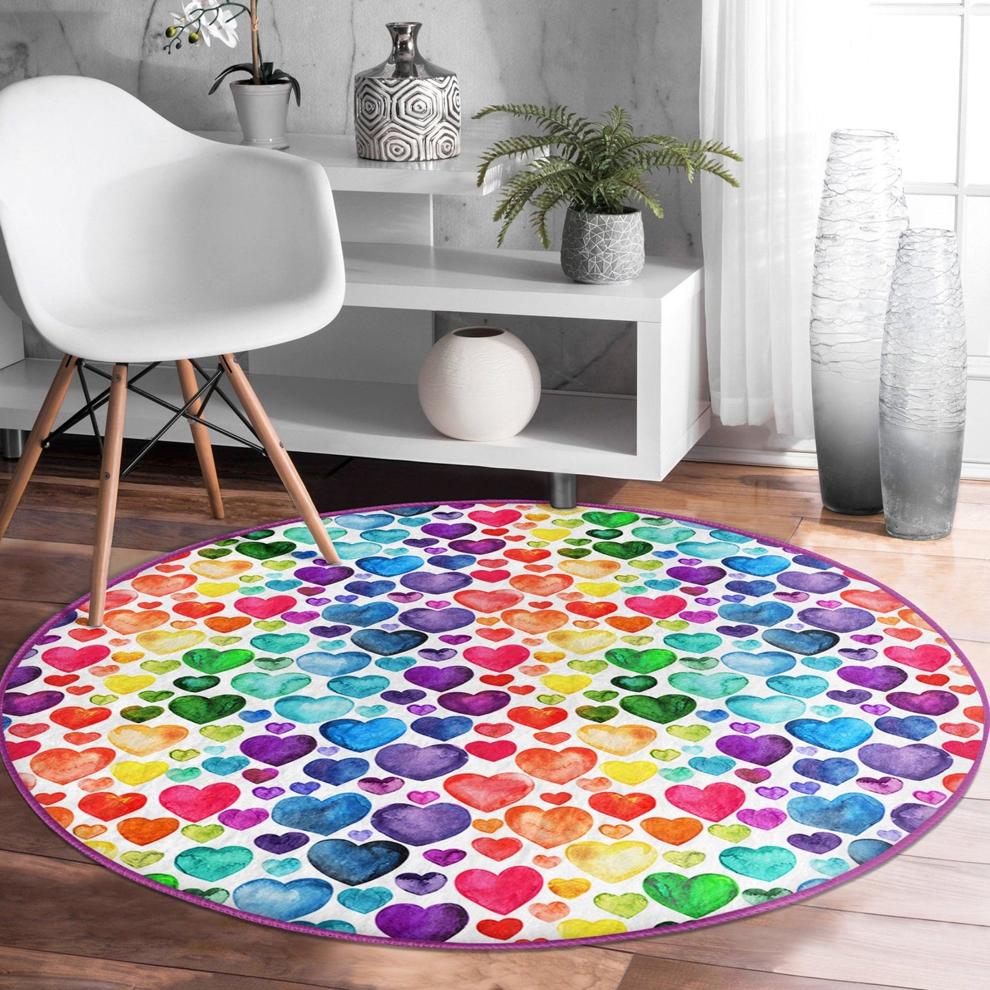 Vibrant Heart Pattern Rainbow Rug - Playful Design