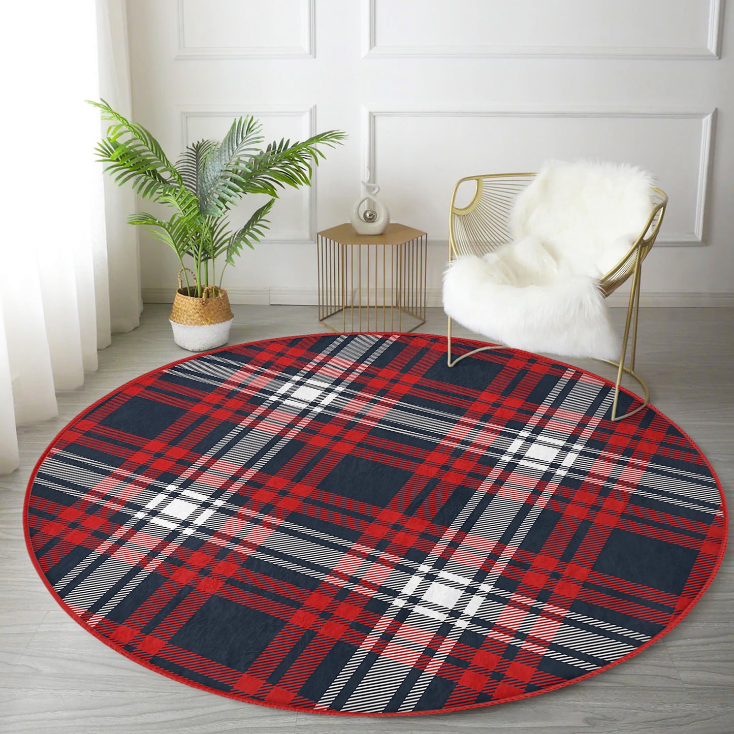 Red Plaid Pattern Cozy Home Decoration Washable Round Rug - Main View