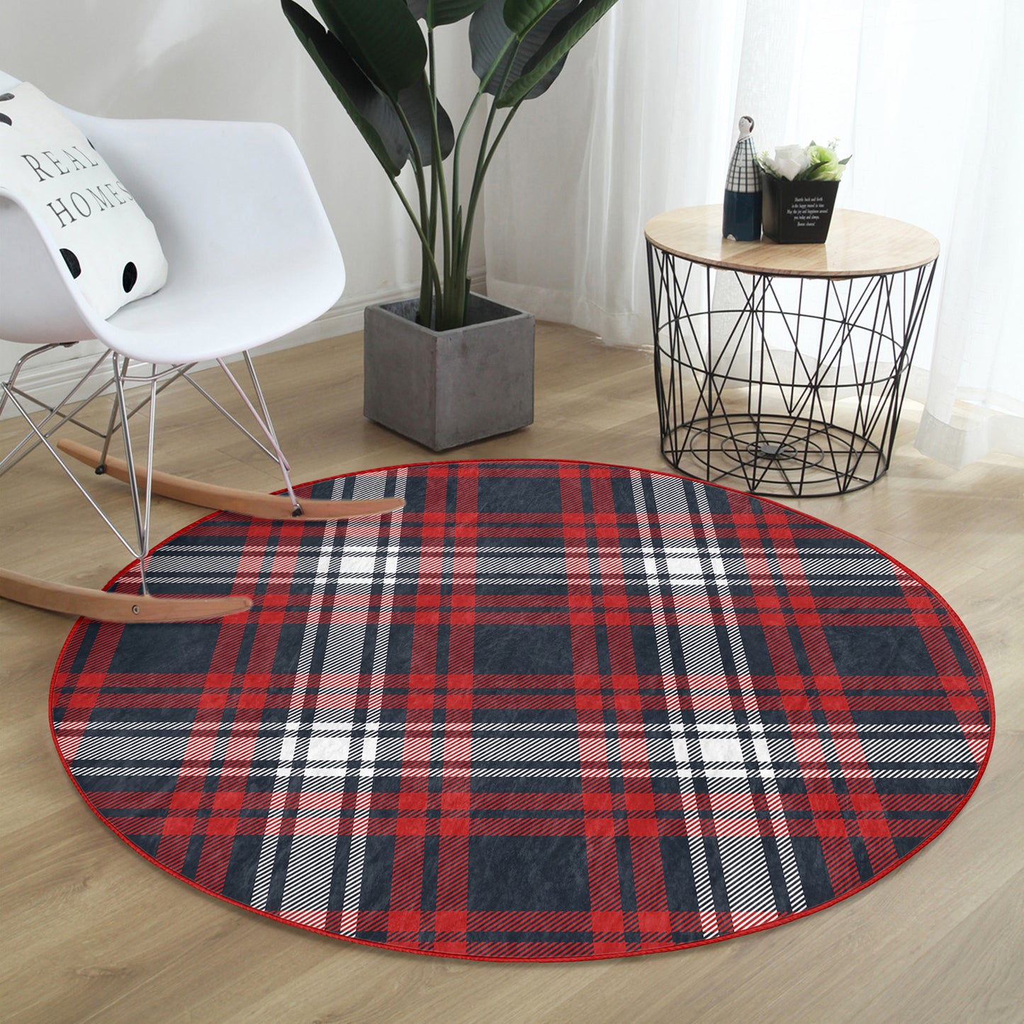 Washable Rug with Red Plaid Pattern - Easy Maintenance