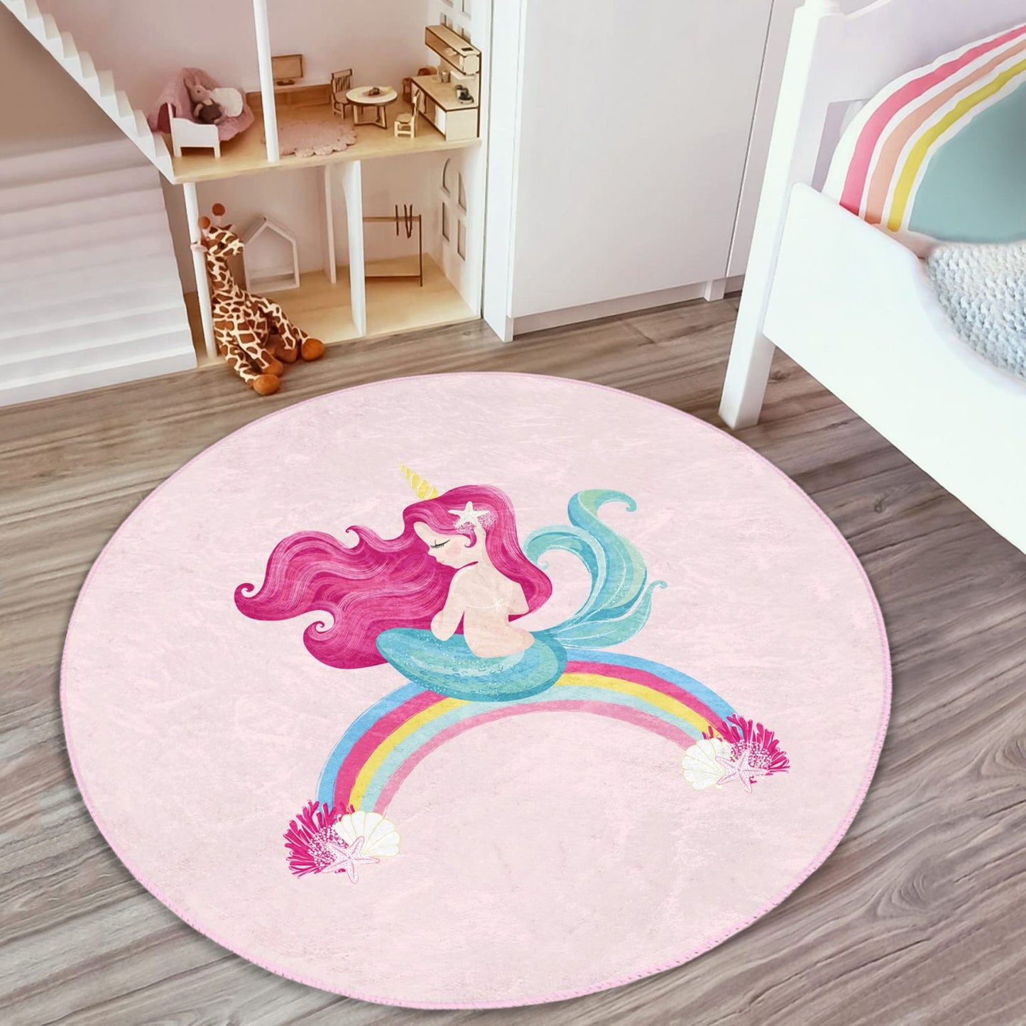 Child-Friendly Pink Rug with Mermaid Theme