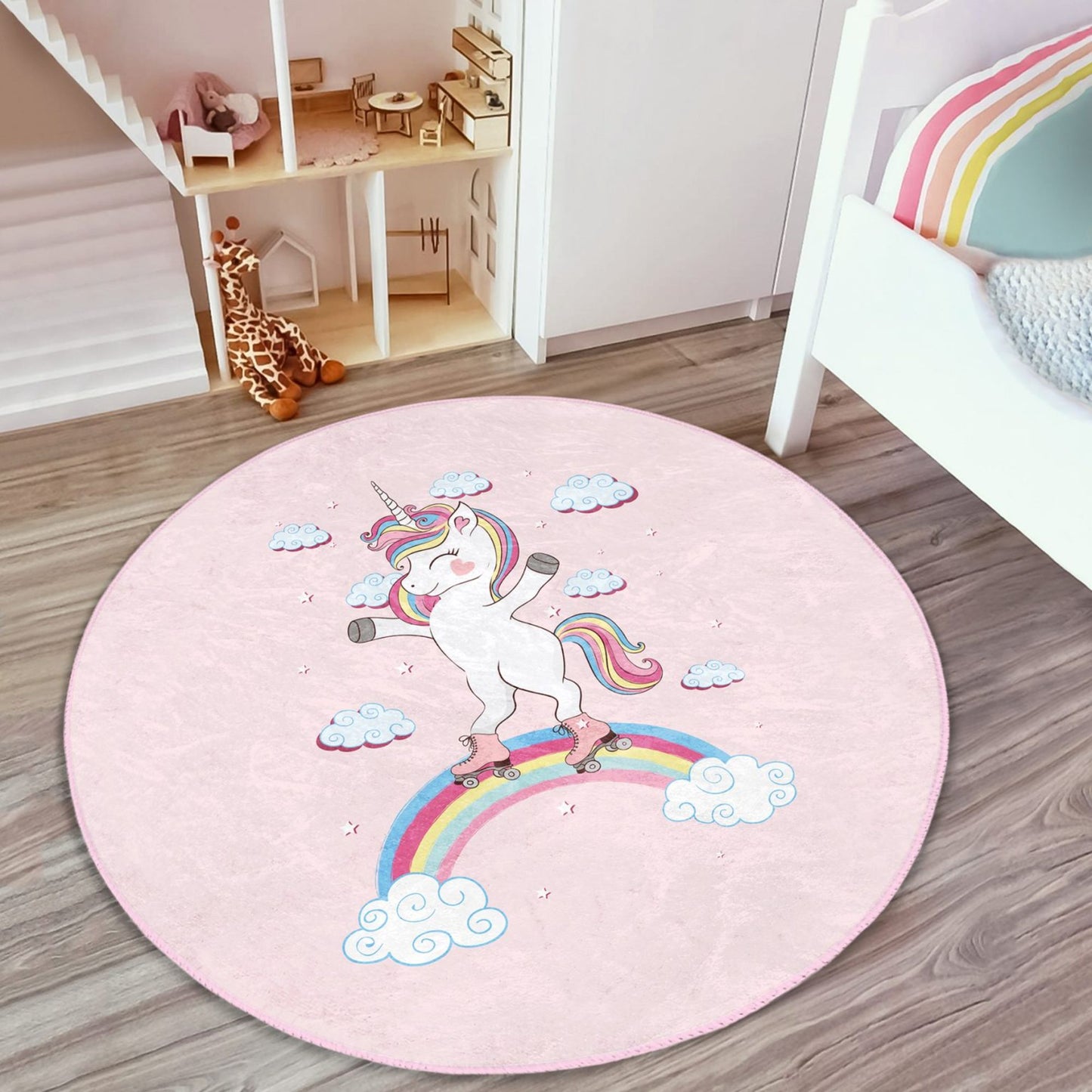 Homeezone's Unicorn on the Clouds Patterned Kids' Room Pink Rug