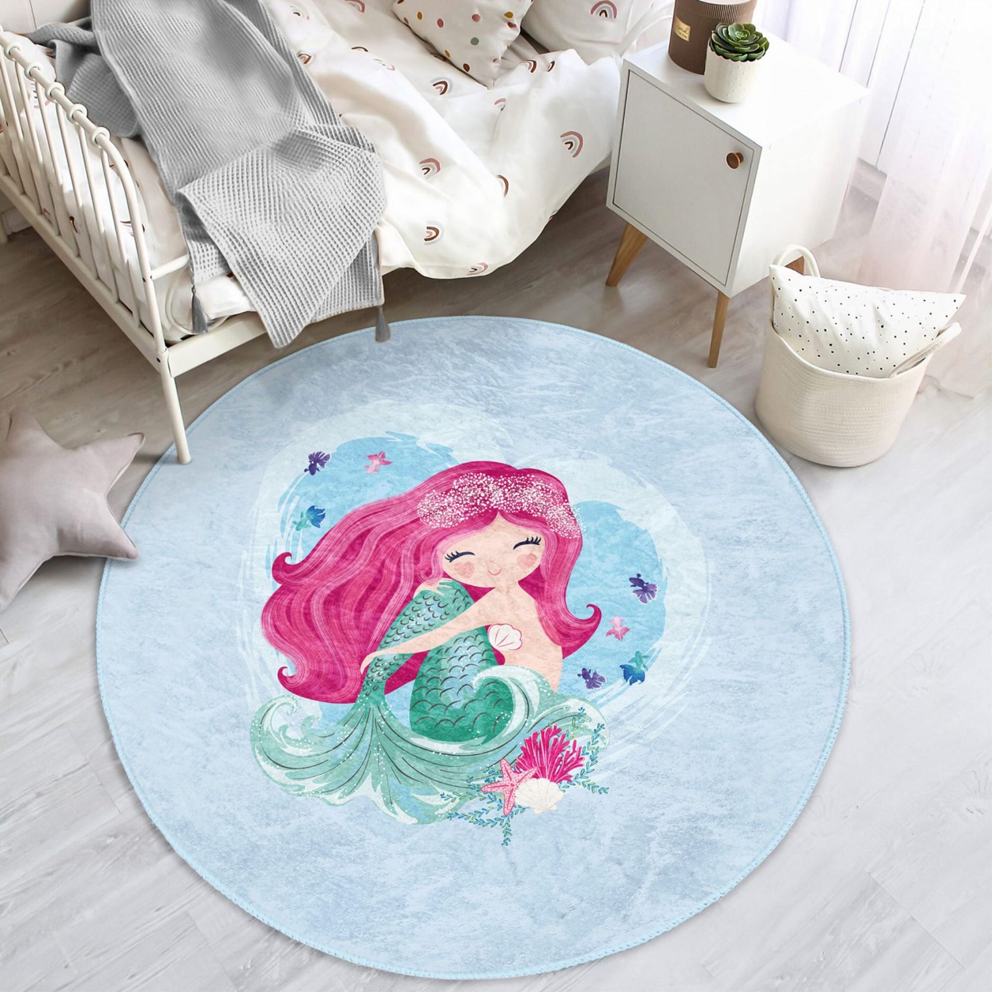 Rug with Mermaid in the Sea Design for Kids' Play Area