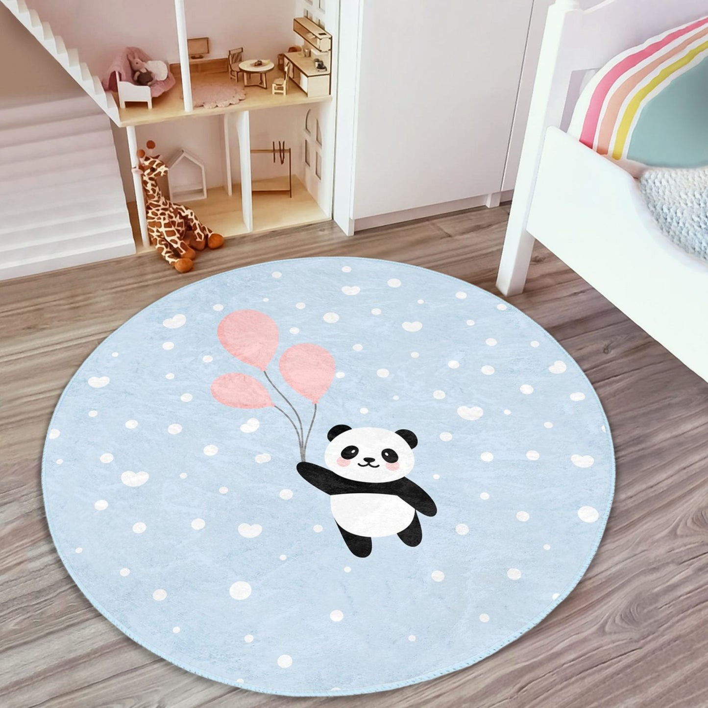 Rug with Whimsical Panda Flying with Balloons Pattern