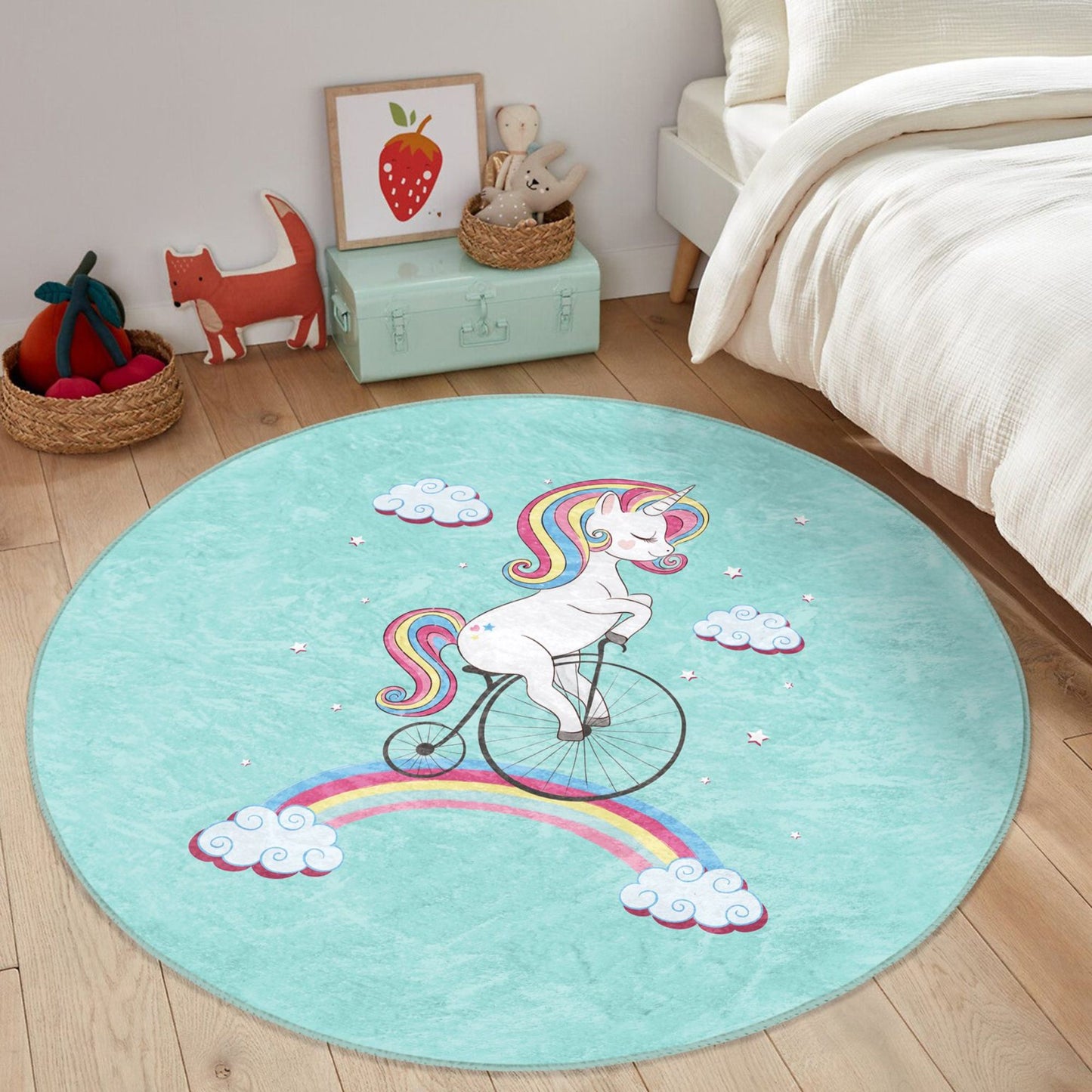 Easy-to-Clean Unicorn and Rainbow Rug