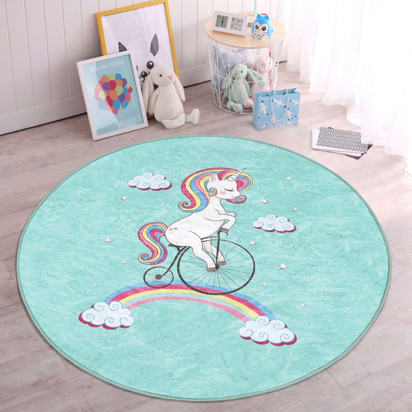 Homeezone's Unicorn Riding a Bicycle on the Rainbow Patterned Kids Rug