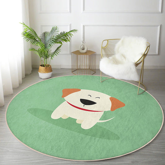 Cute Puppy Printed Green Color Washable Round Rug - Main View
