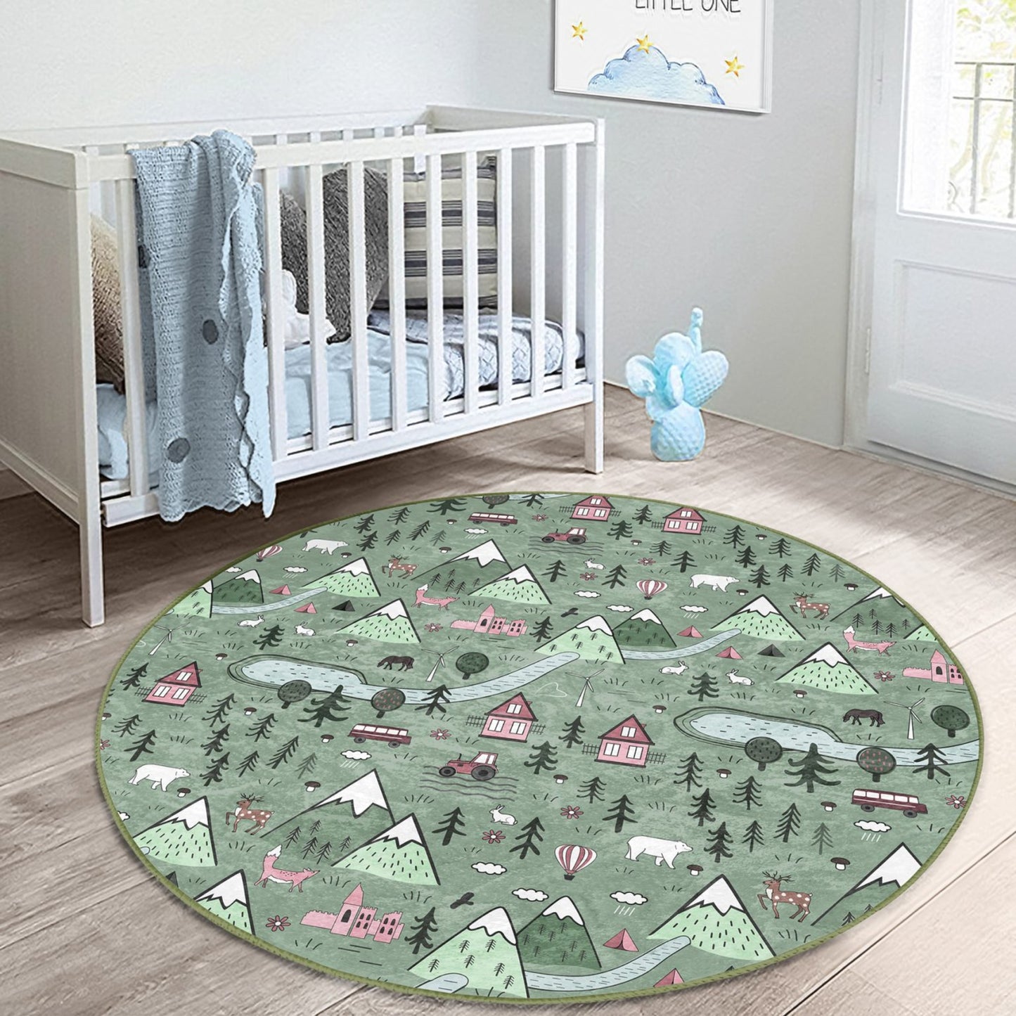 Rug with Scenic Mountain Village Illustration