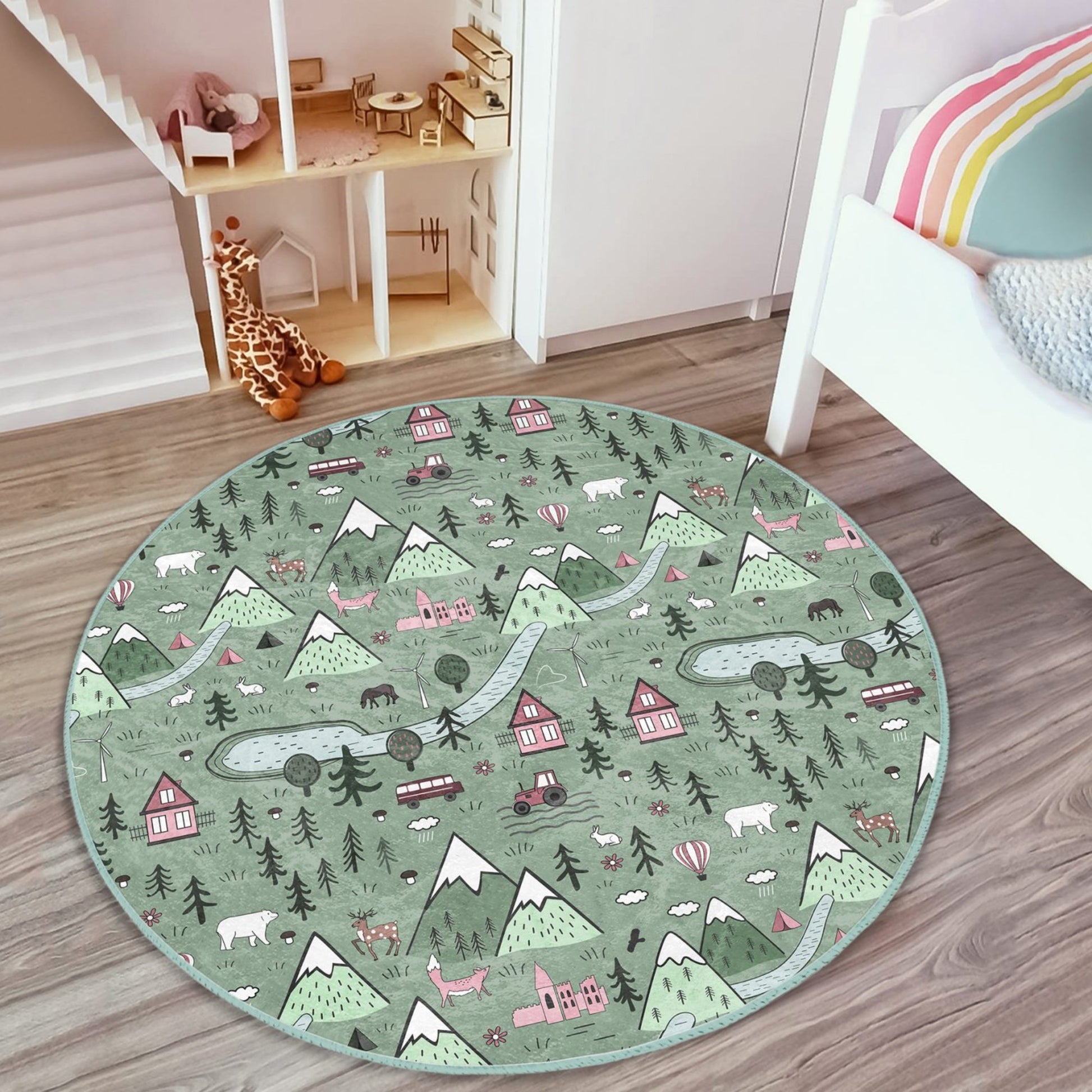 Tranquil Mountain Village Scene on a Washable Rug