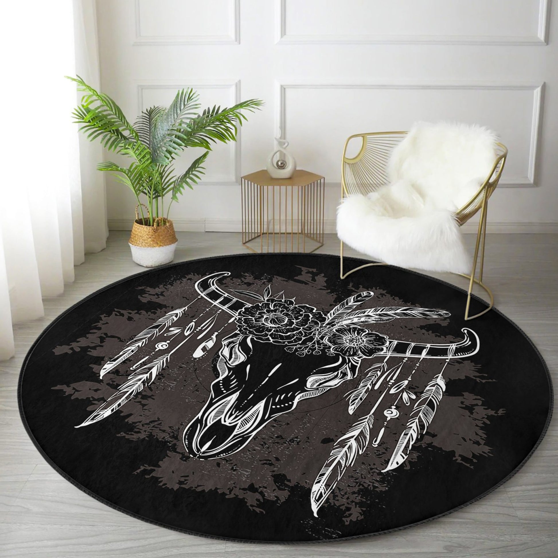 Native Pattern Cow Head Washable Round Rug - Main View