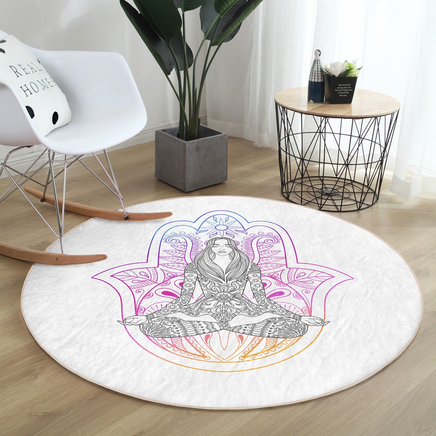 Serene Yoga Meditation Pattern Washable Round Rug | Homeezone