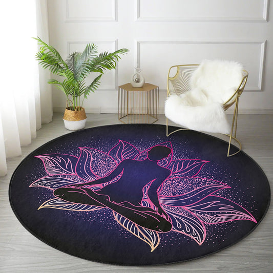 Purple Lotus Flower Pattern Meditation Room Washable Round Rug - Main View