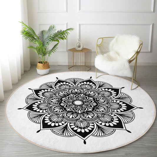 Black Mandala Printed on White Washable Round Rug - Main View