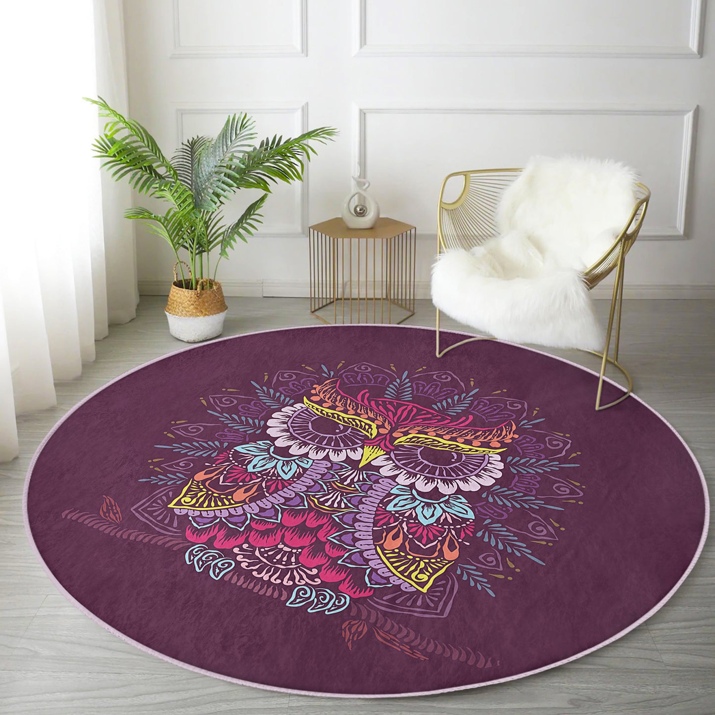 Owl Pattern Modern Home Washable Round Rug - Main View
