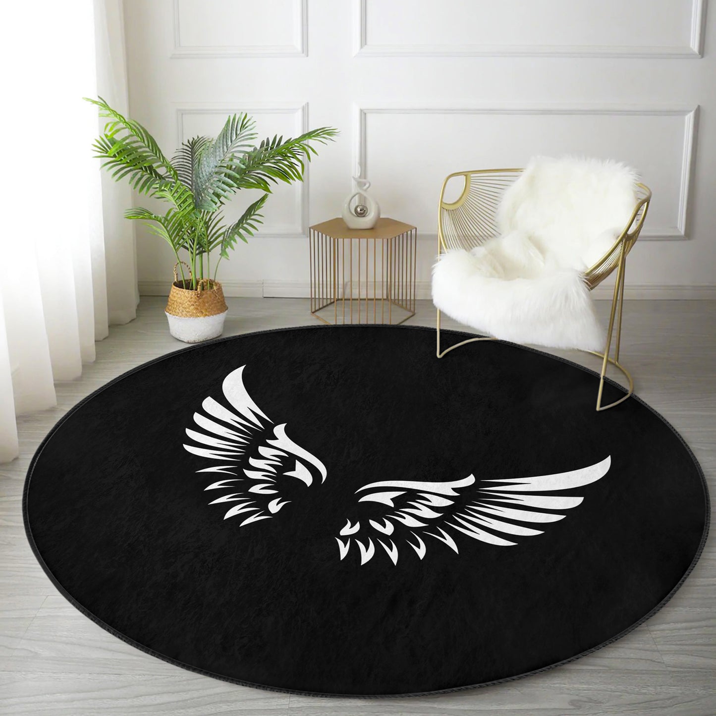 White Angel Wings on Black Washable Round Rug - Main View