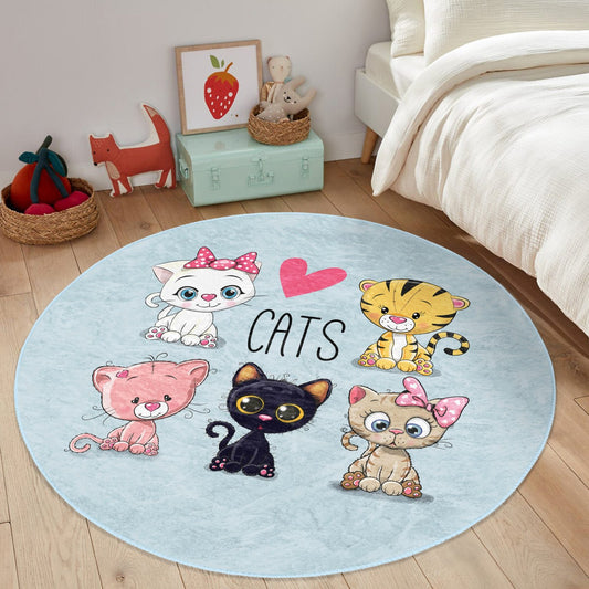 Kitty Pattern Kids Room Decorative Washable Round Rug - Main View