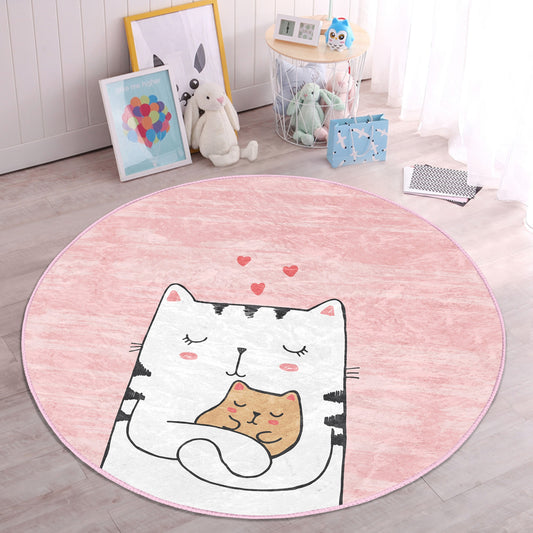 Pink Kitty Pattern Kids Room Washable Round Rug - Main View