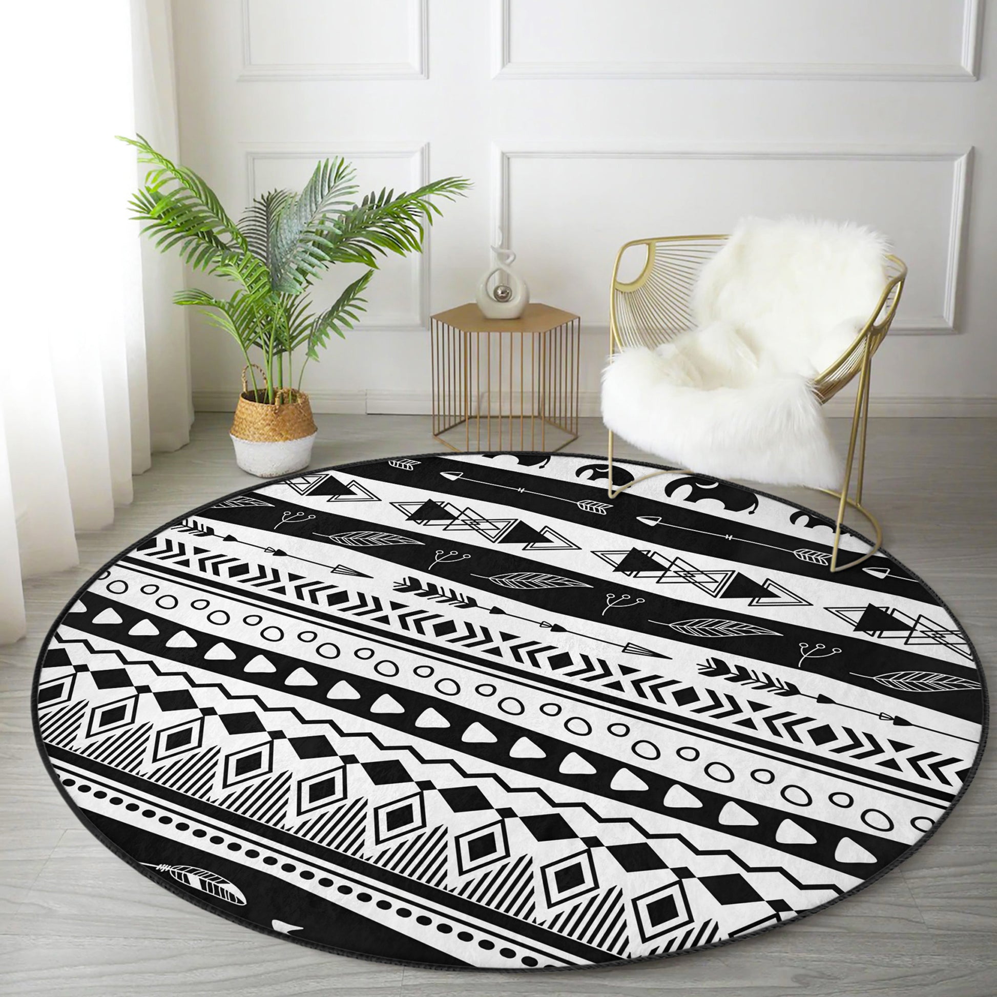 Aztec Style Black and White Washable Round Rug - Main View