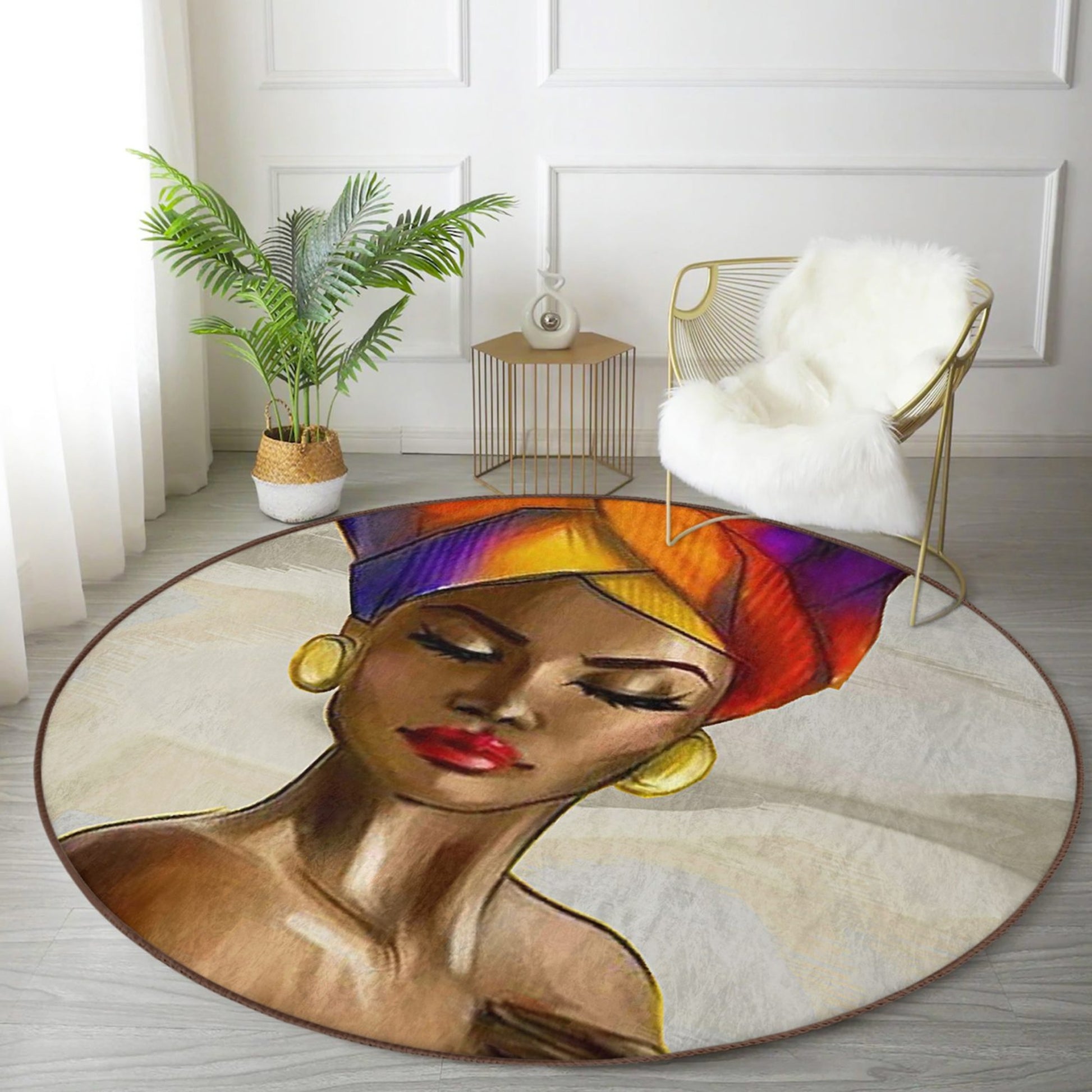 African Women Pattern Ethnic Washable Round Rug - Main View