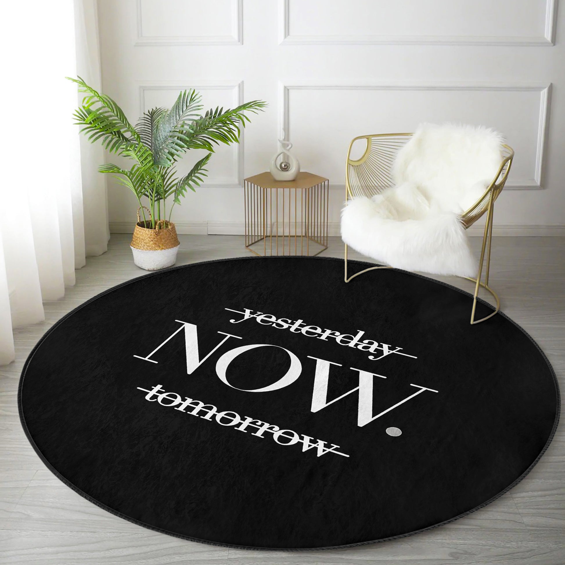White Now Sign on Black Washable Round Rug - Main View