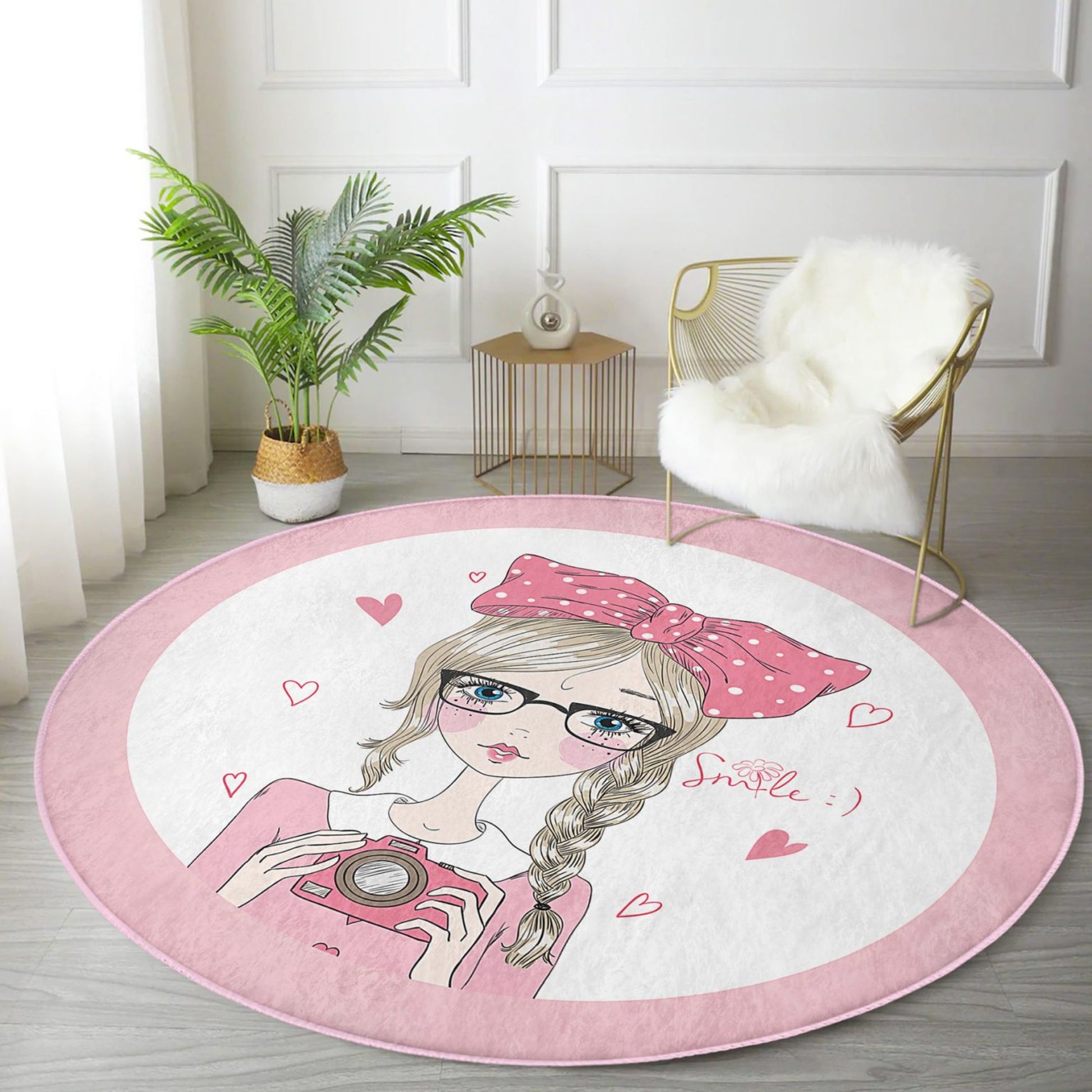 Girls Room Decoration Pink Camera Girl Pattern Washable Round Rug - Main View