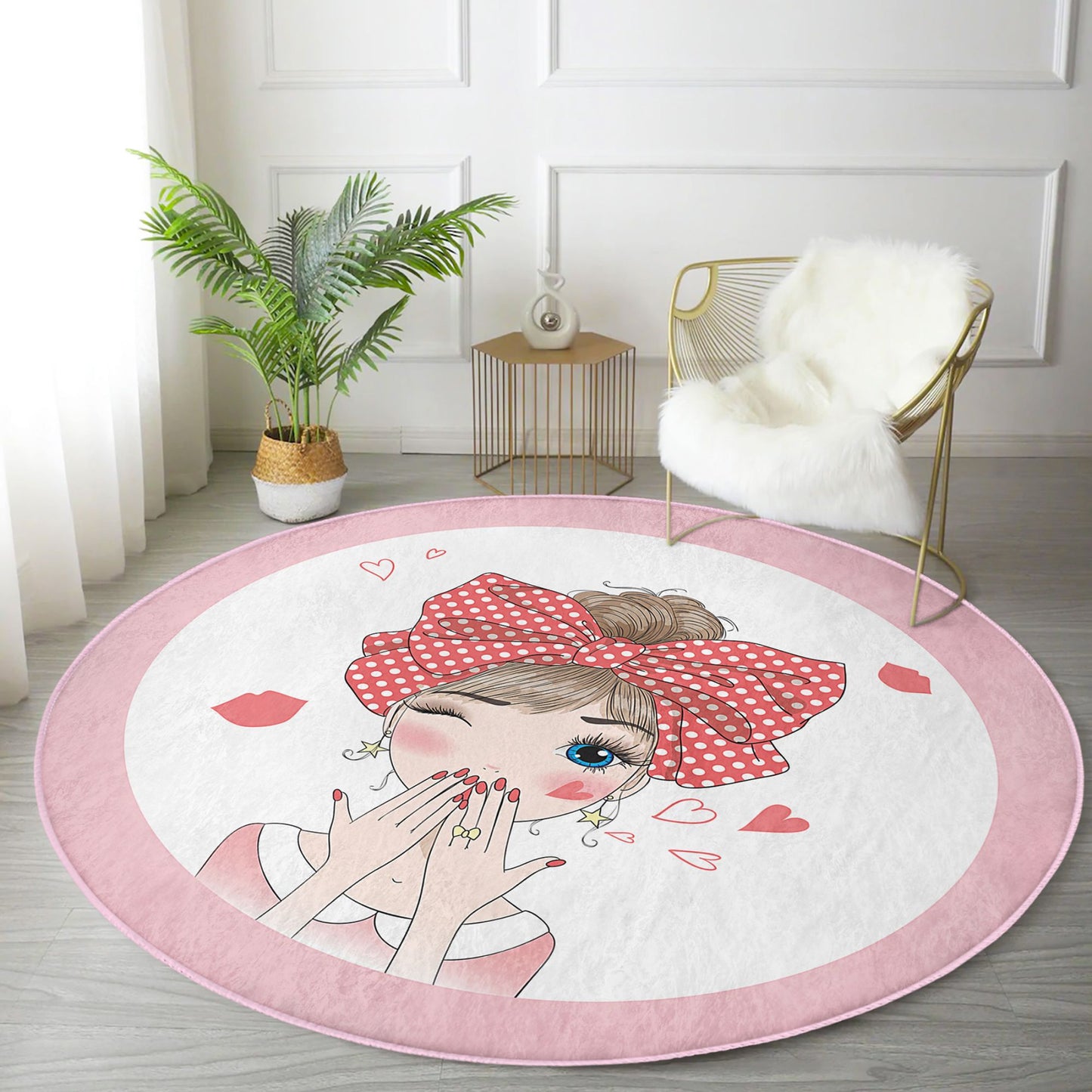 Girls Room Decorative Pink Colour Washable Round Rug - Main View