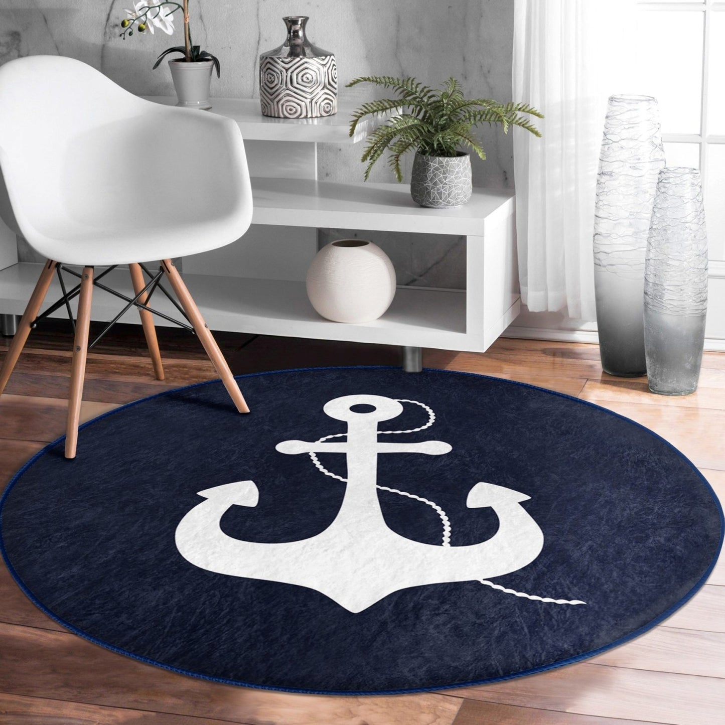 Nautical Anchor Pattern on Blue Rug - Maritime Design