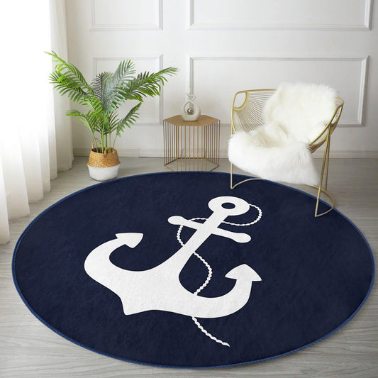 Anchor Pattern on the Blue Washable Round Rug - Main View