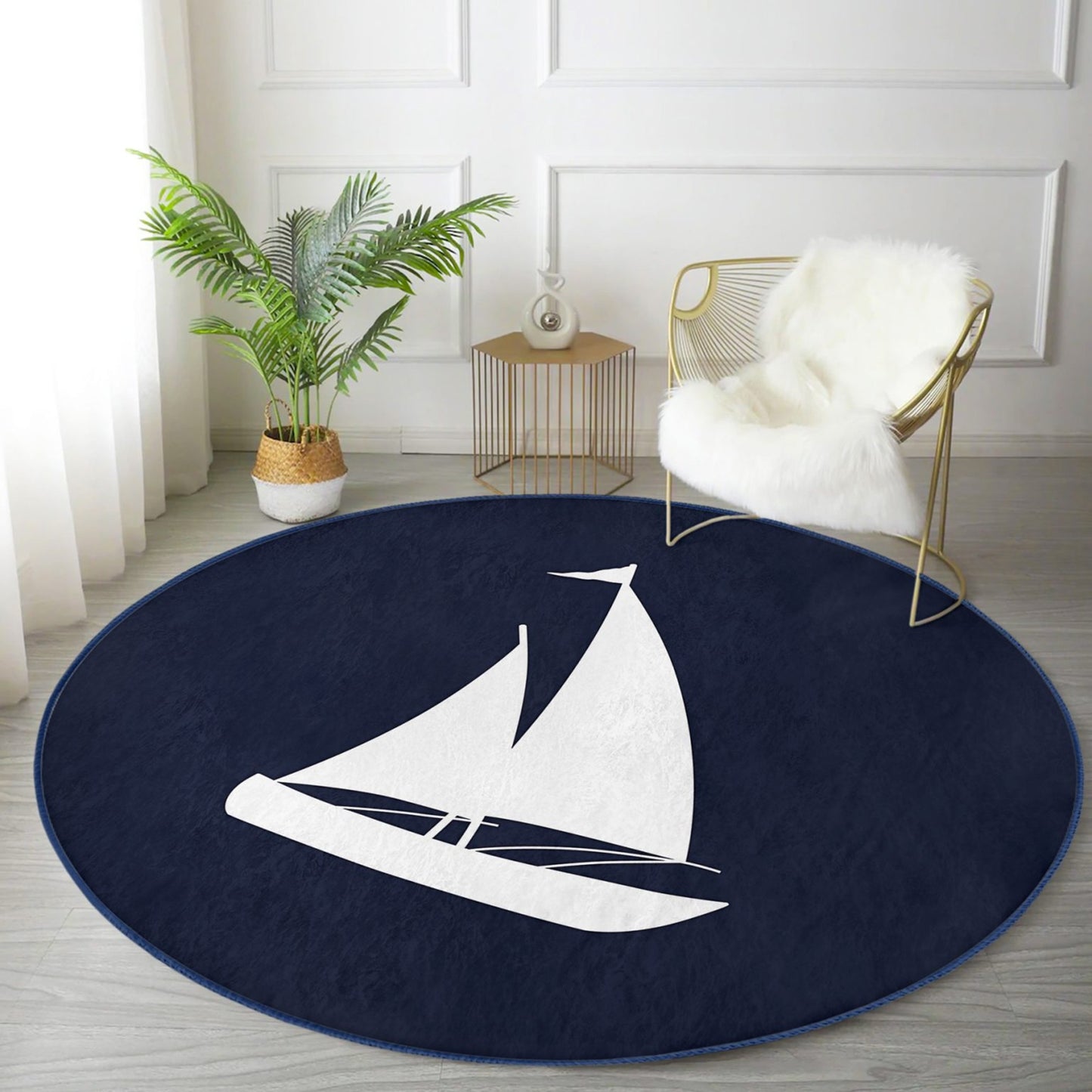 Blue Sail Pattern Boat Decoration Washable Round Rug - Main View