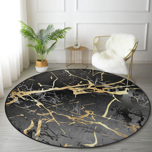 Black Marble Luxury Design Home Decorative Washable Round Rug - Main View