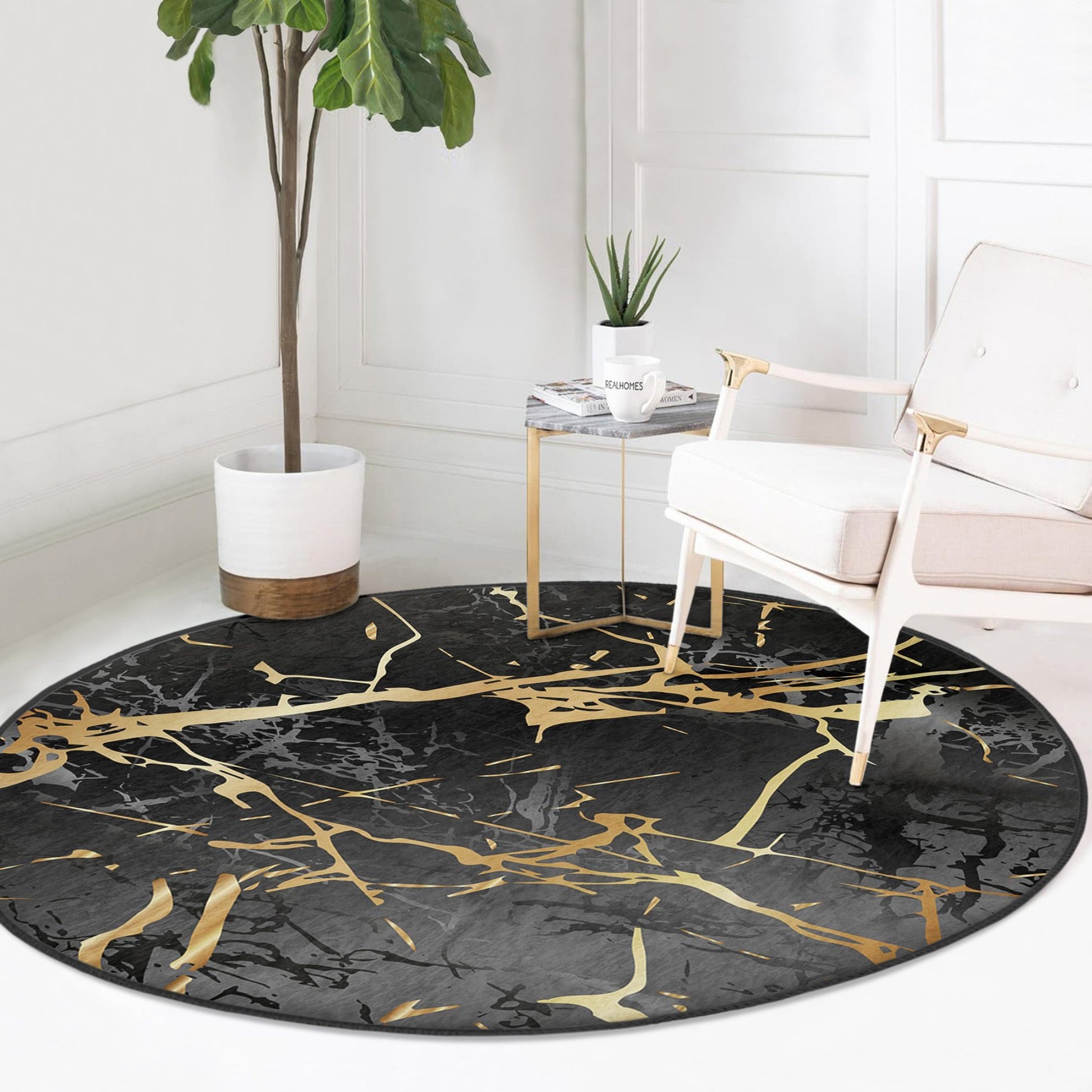 Washable Rug with Black Marble Design - Easy Maintenance