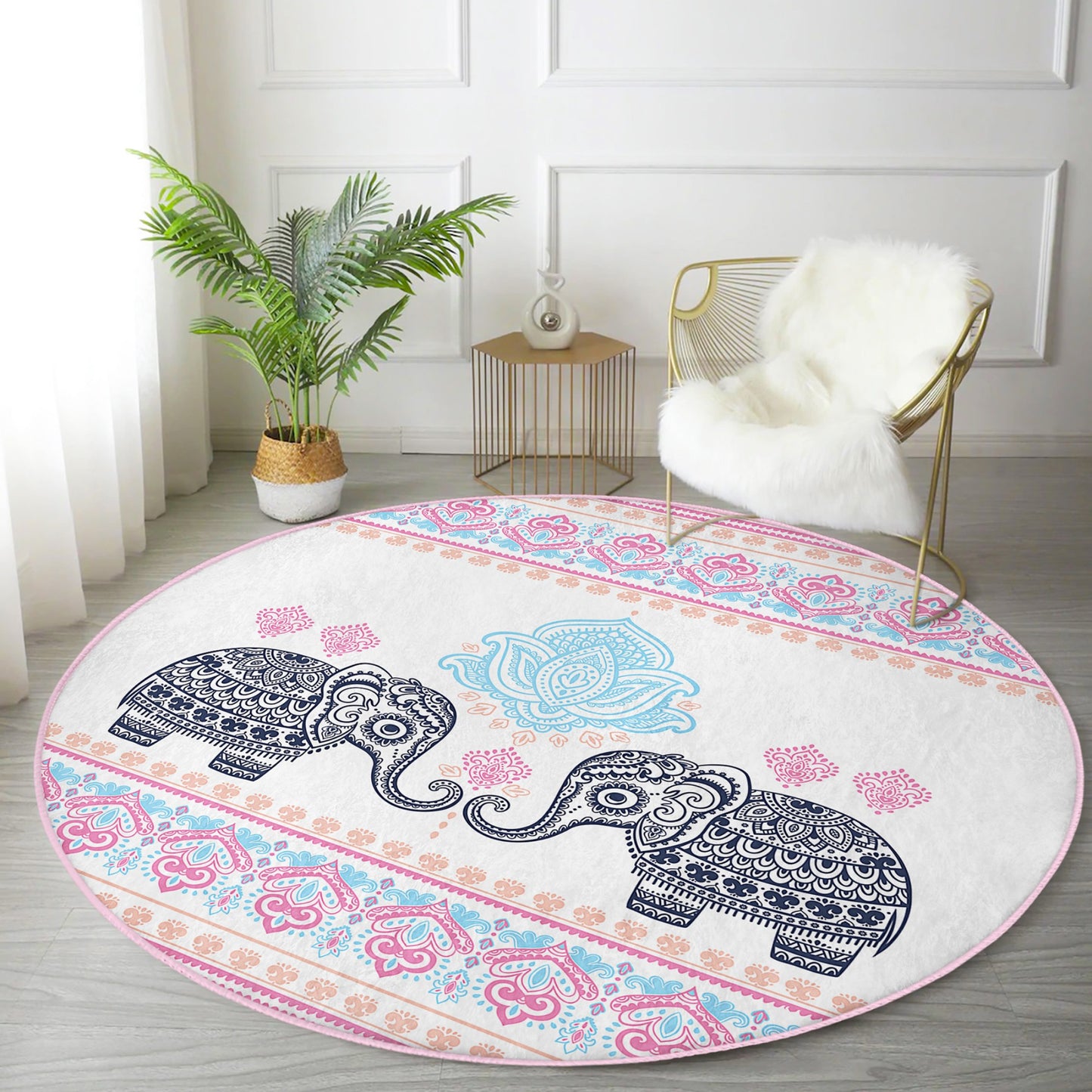 Elephant Pattern Meditation Room Decorative Washable Round Rug - Main View