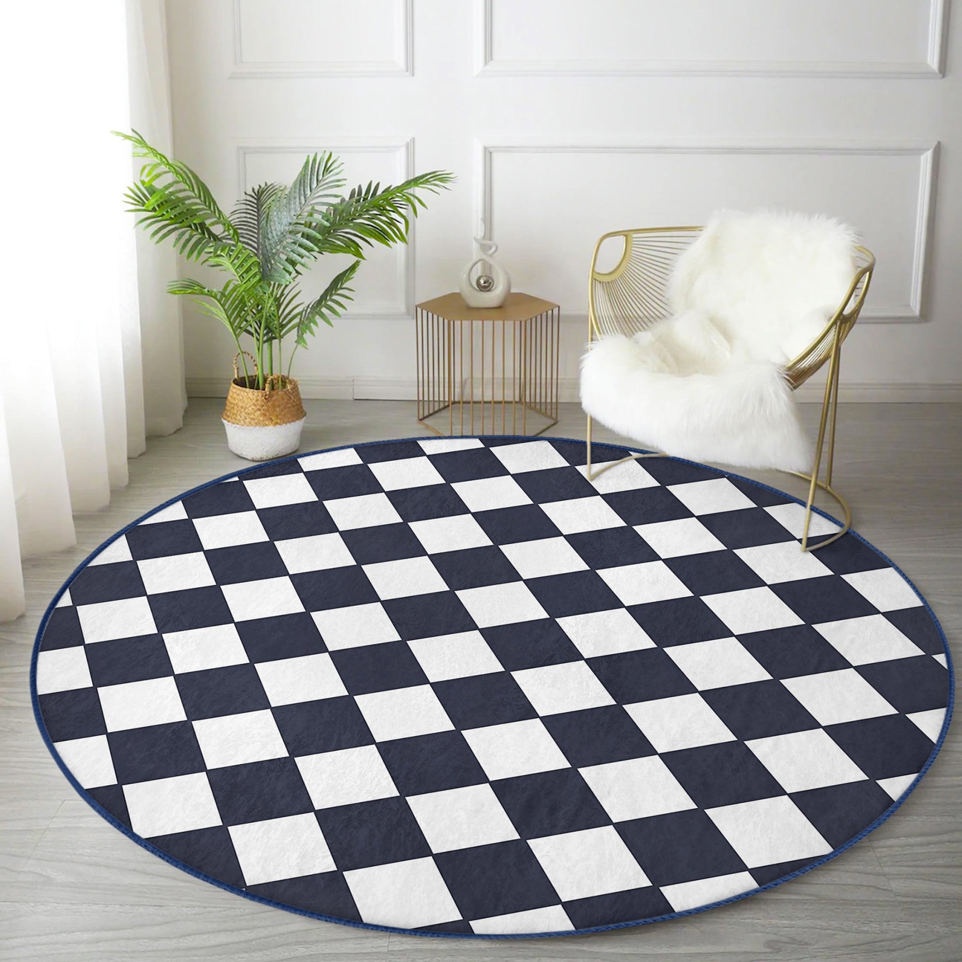 Black White Checkered Pattern Rug Living Room Washable Round Rug - Main View