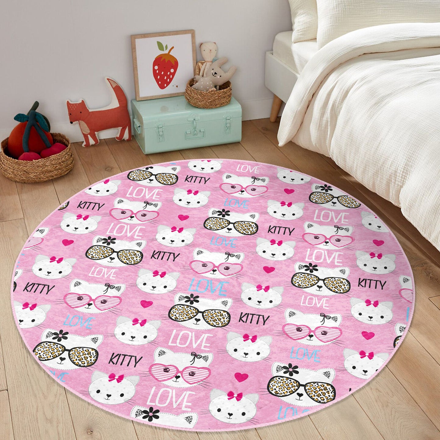 Lovely Kitty Pattern Pink Washable Kids Room Round Rug - Main View