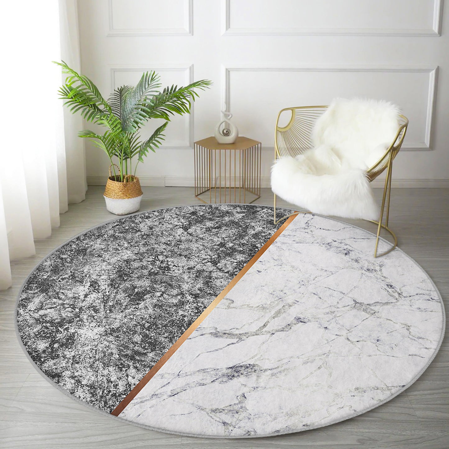 Grey-White Marble Pattern Luxury Home Washable Round Rug - Main View