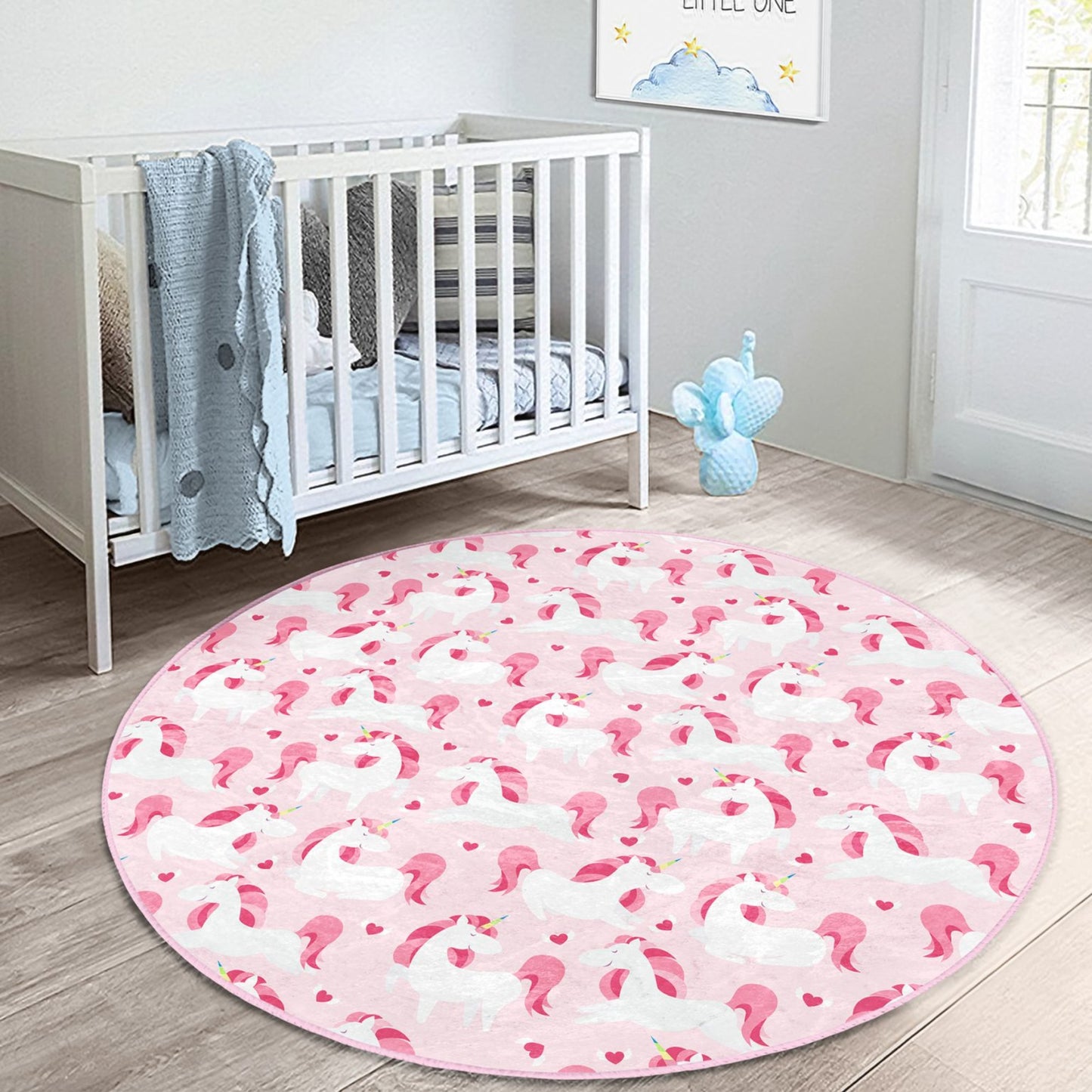Rug with Pink Unicorn and Stars Illustrations