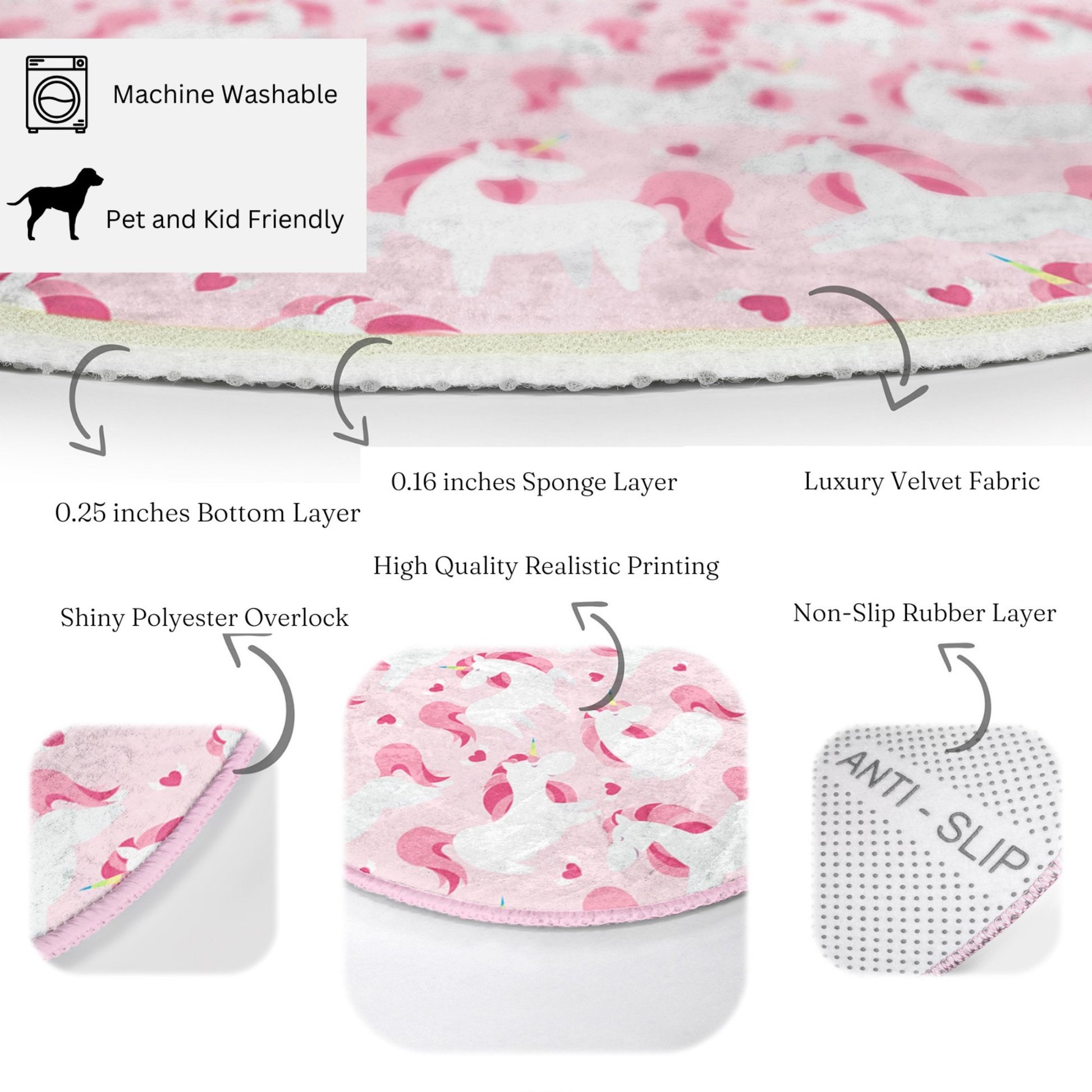 Easy-to-Clean Pink Unicorn Pattern Rug